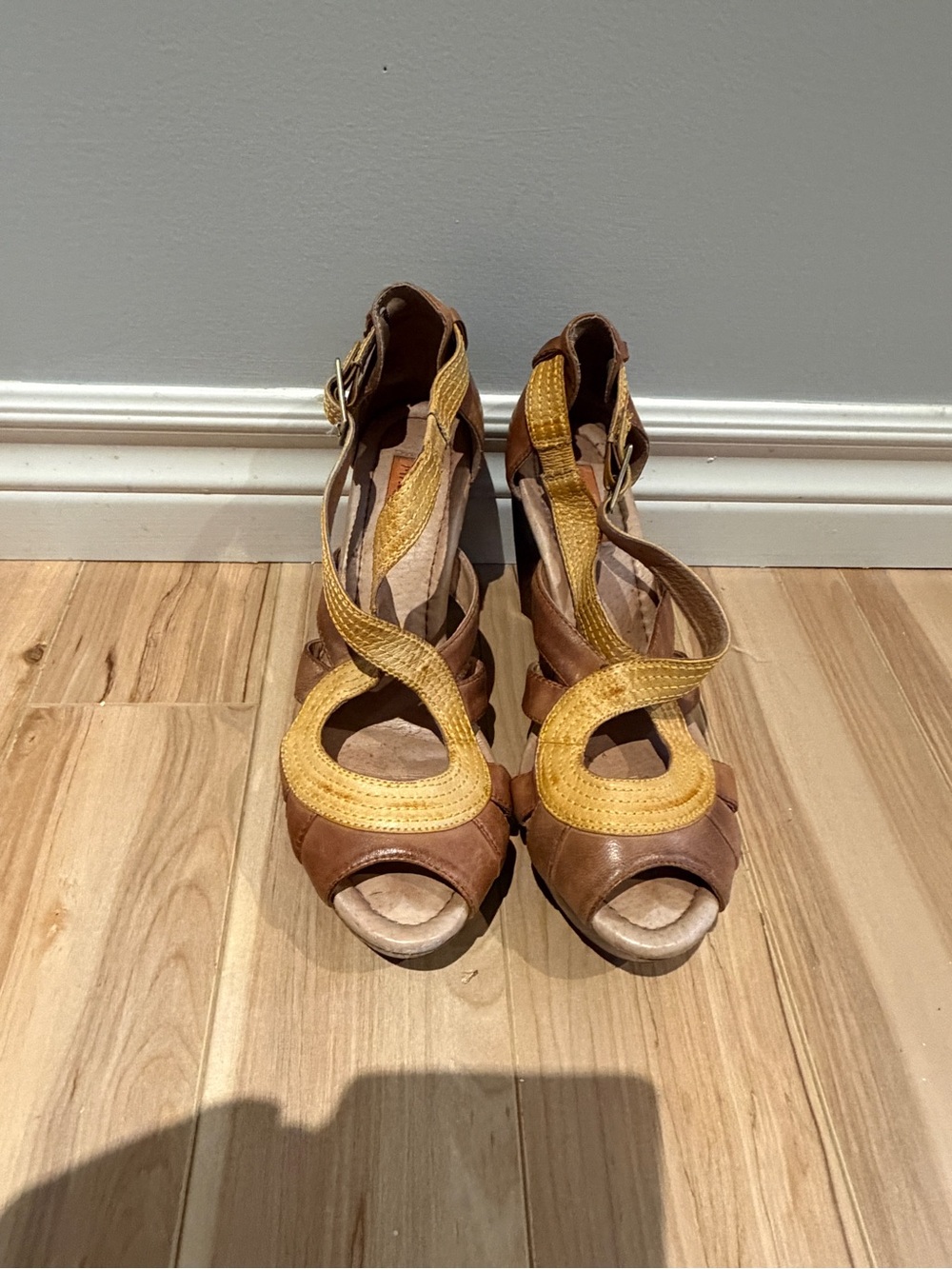 Miz Mooz Brown and Yellow Leather Peep-Toe Heels with Crisscross Straps